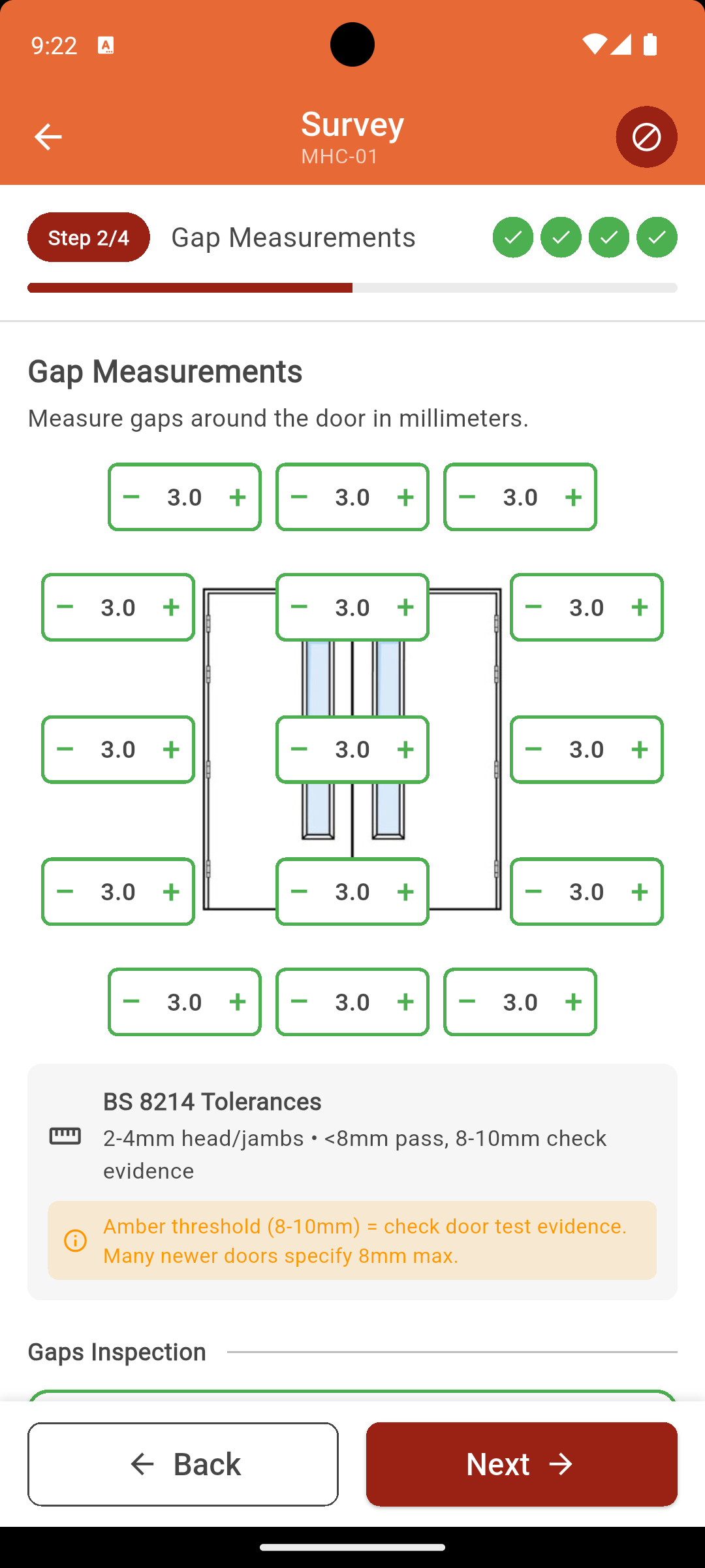 IgnisTrack BS 8214:2026 gap measurement screen with visual tolerances