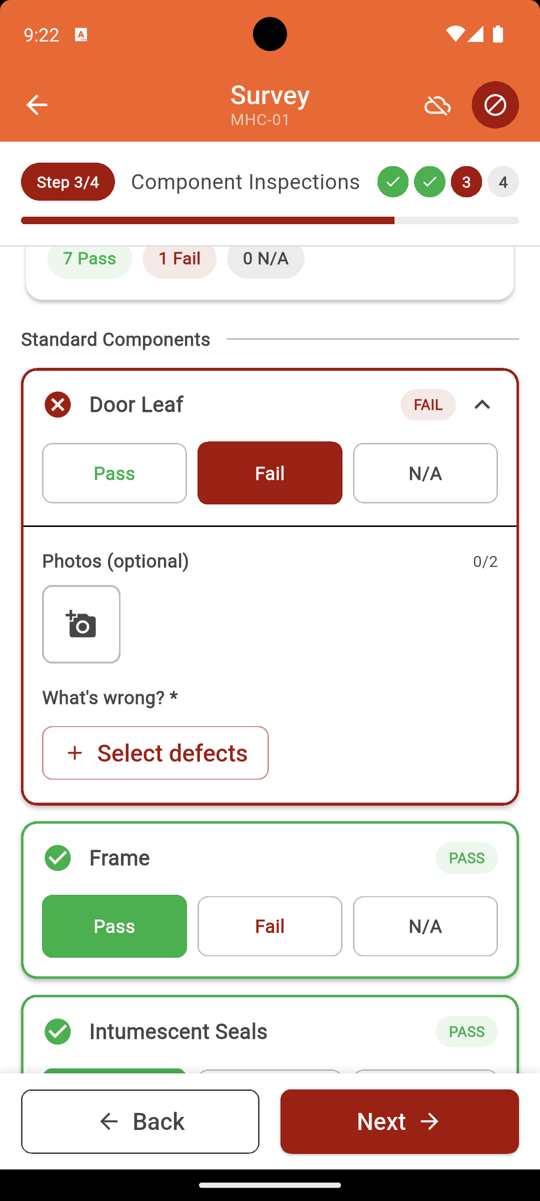 IgnisTrack component inspection screen showing OK, Fault and N/A status for door leaf, frame, hinges and seals