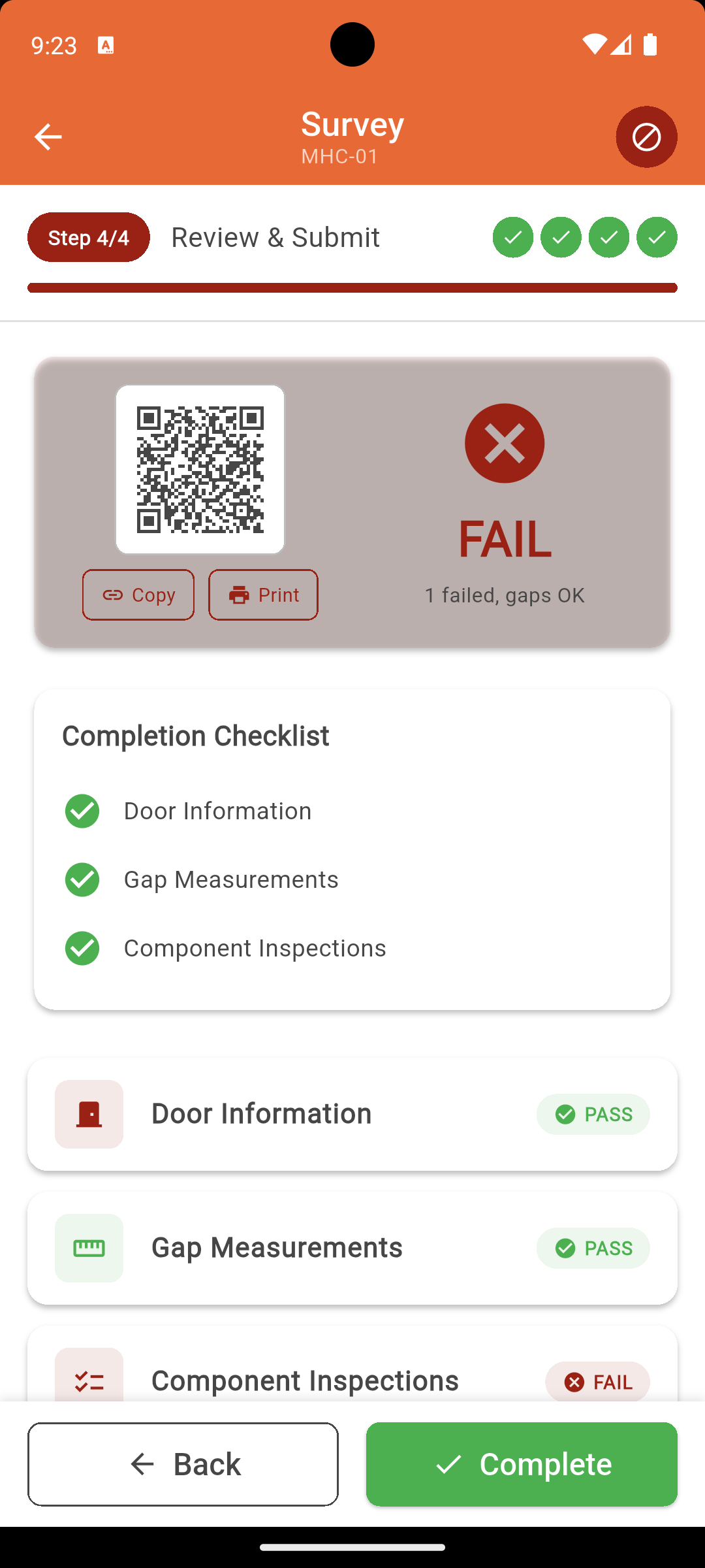 IgnisTrack survey review screen with QR code ready to print